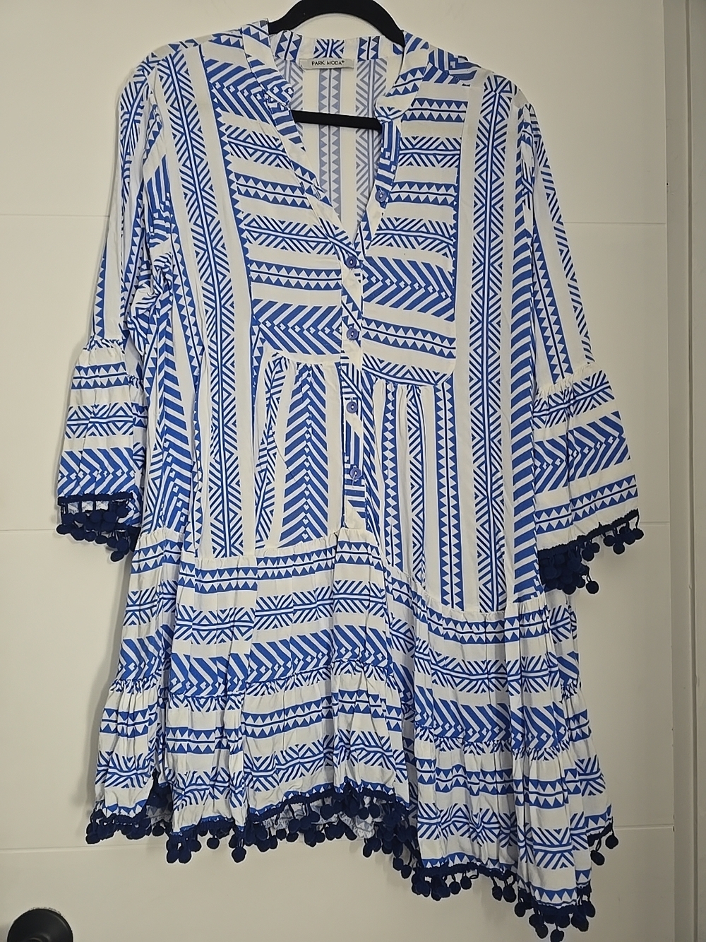 PARK MODA Blue White Geometric Print Tunic Mini Dress Pom Pom Trim Turkey S/M